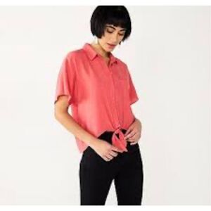 Nine West XL NWT Coral tie front cropped dolman sleeve button down hi low blouse